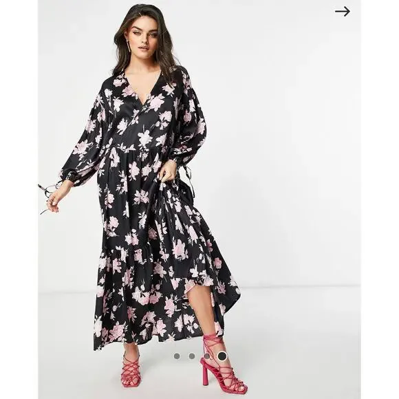 ASOS Satin Floral Oversized Dress Size 10 Black Multicolored - Picture 1 of 10